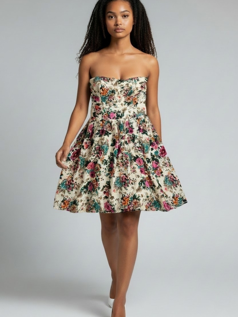 Floral Strapless Sweetheart Fit-and-Flare Dress in Cream Multi Cottagecore Boho